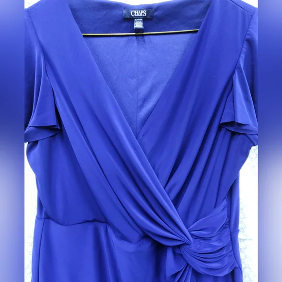 Chaps XL Dress Royal Blue Flutter Short Sleeve Side Drape V-Neck Comfy Stretch - Picture 2 of 5